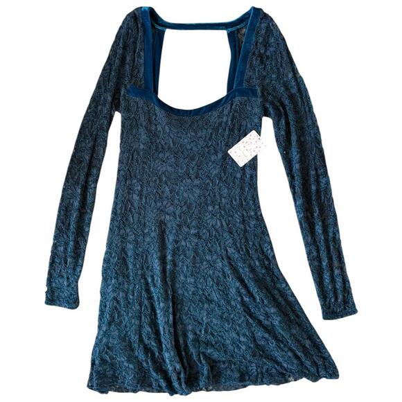 Free People Teal Lace Velvet-Trim Mini Dress – NWT – Size L - Picture 1 of 5